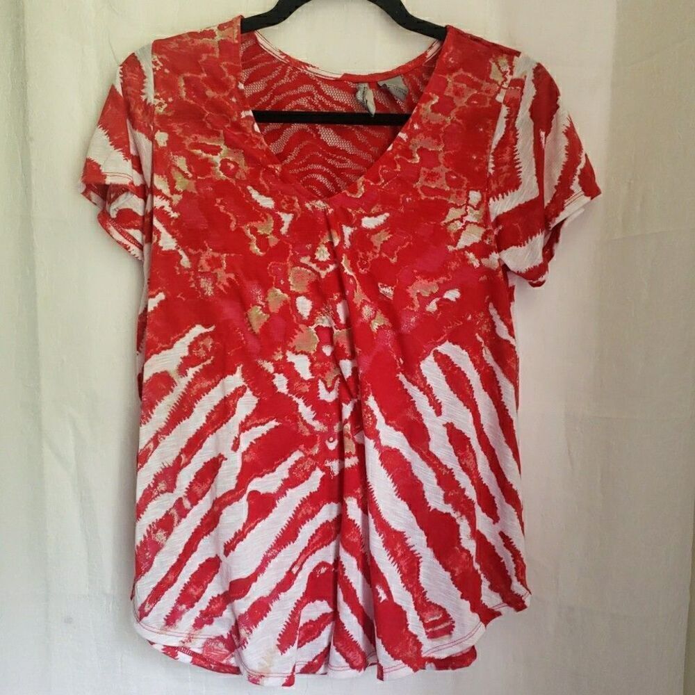 New Directions Weekend Red White Shirt Lace Back Women's Size S